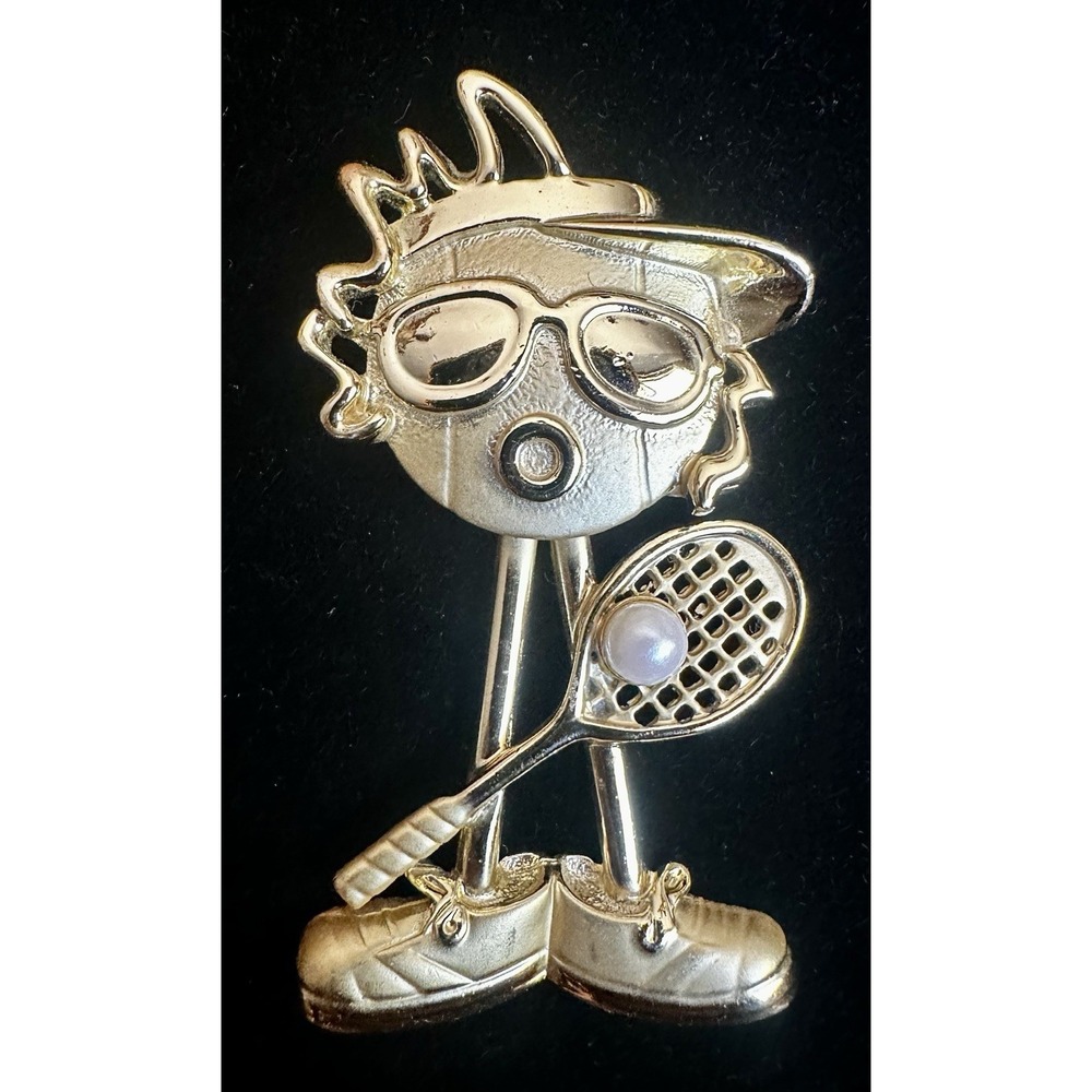 Woman Tennis Player Swivel Head Faux Pearl Vintage Gold Tone Brooch Pin by AJC